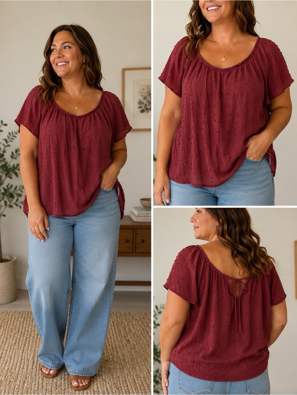 LC Lauren Conrad Size Large L Pleat Neck Swiss Dot Top Short Sleeve NWT Wine Red